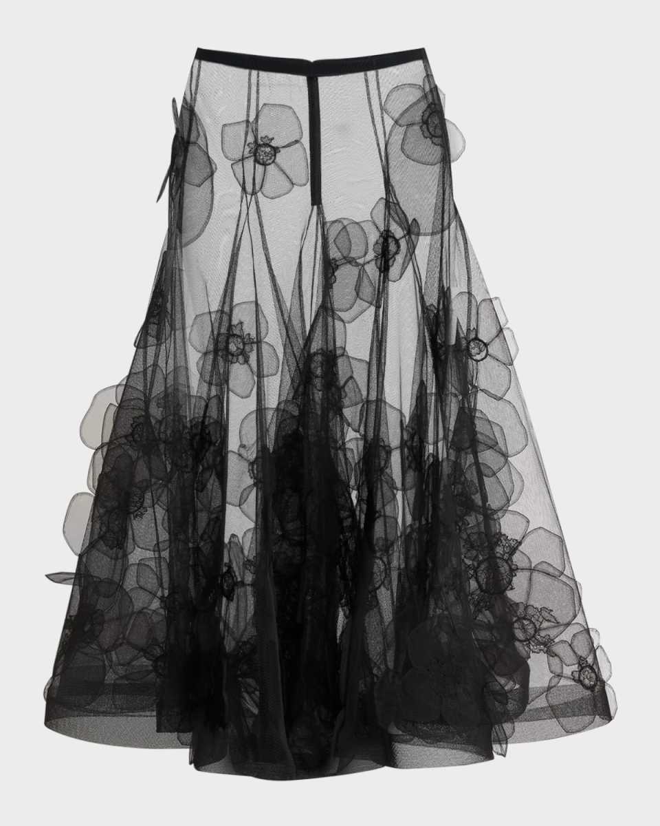 Floral Embroidered Tulle Midi Skirt
